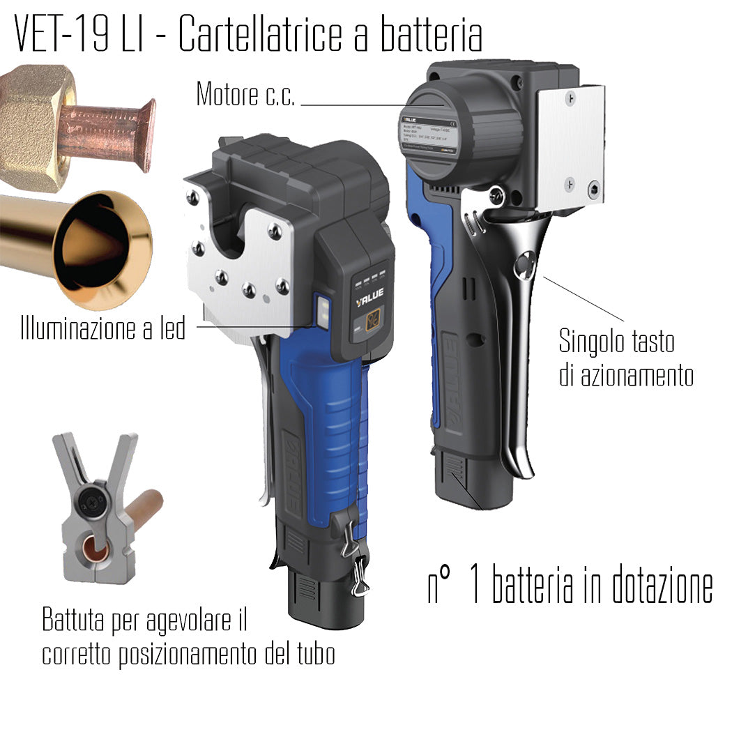 VALUE Cartellatrice (flangiatubo) con una batteria al litio VET-19LI